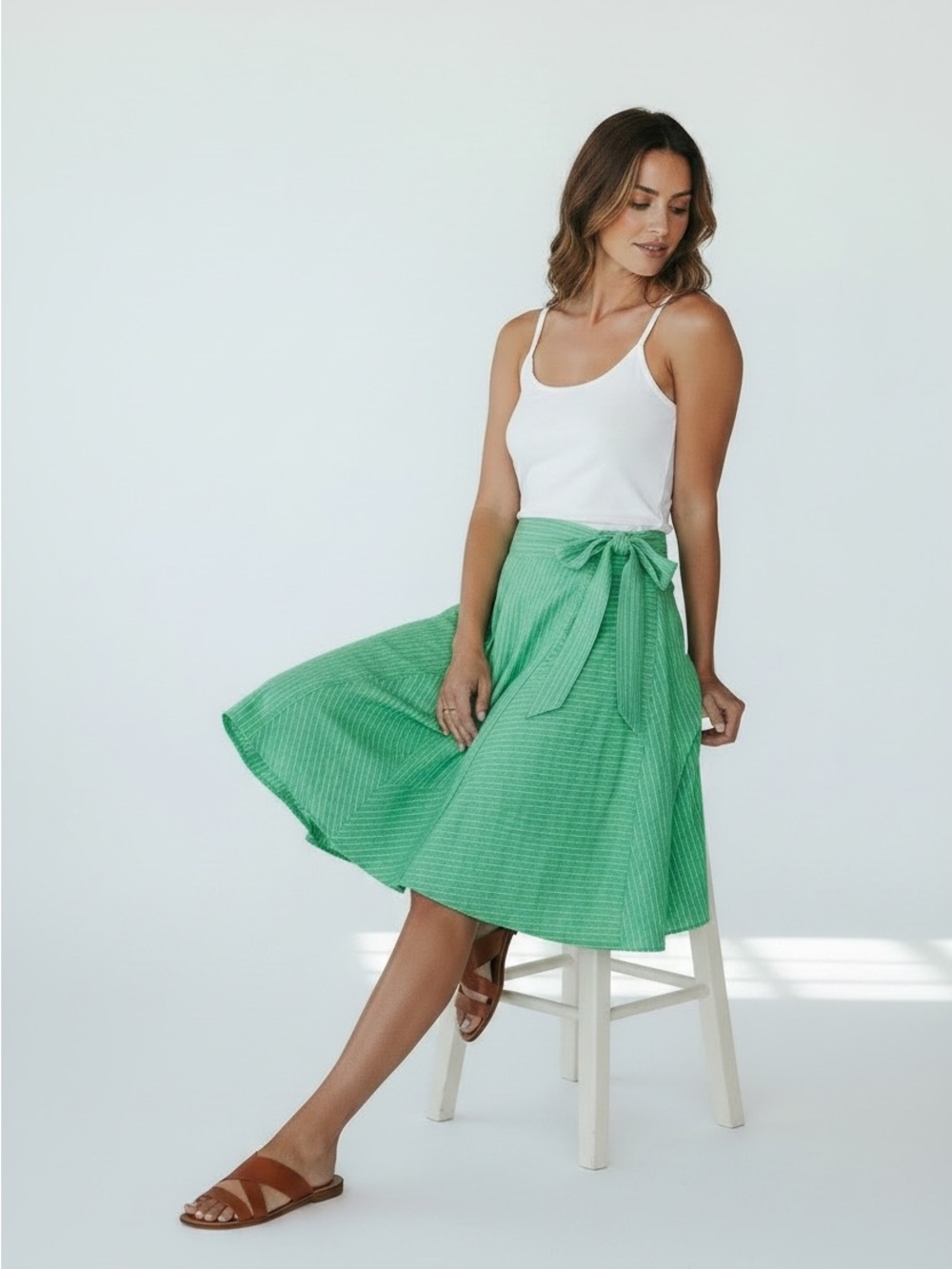Nordstrom Halogen Green Striped Cotton Skirt with Tie Size 12
